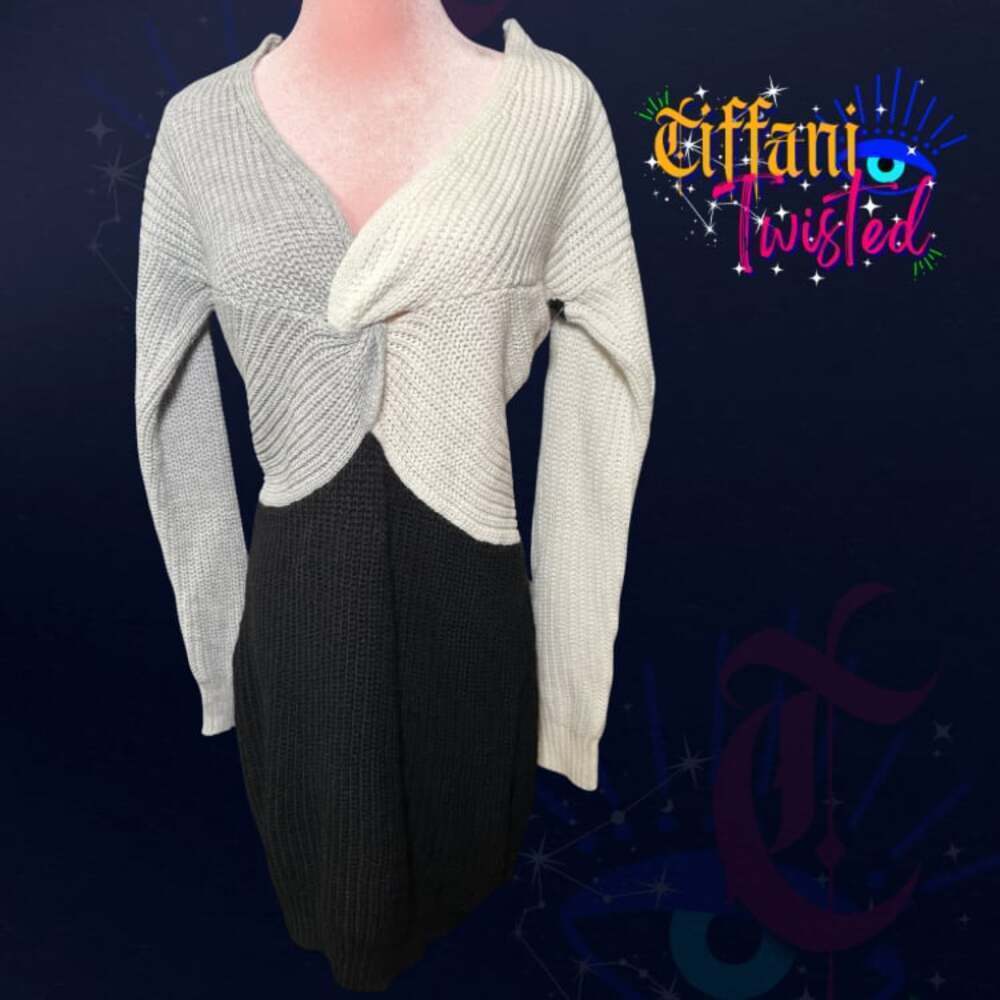 Almost Famous Colorblock Knit Midi Dress Twist Front Black Ivory